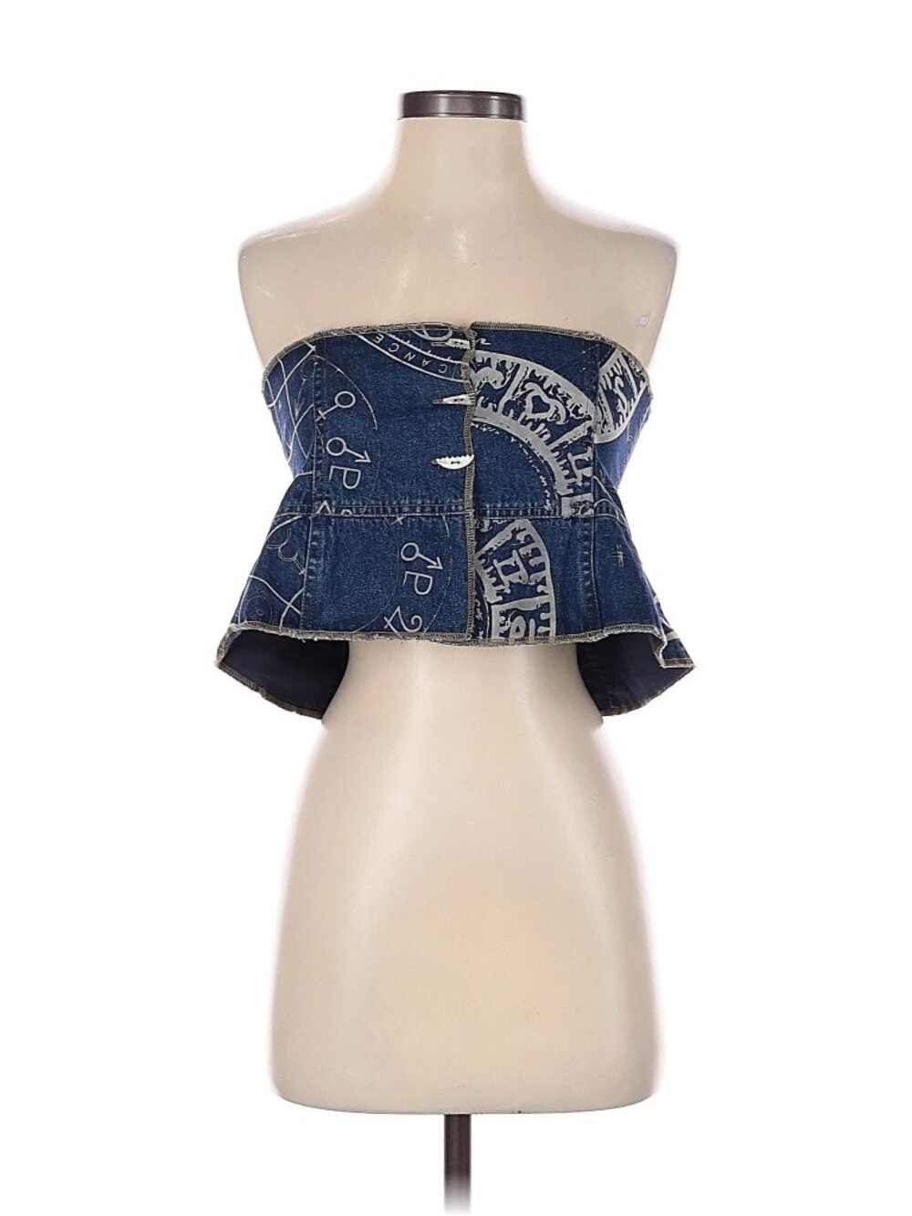 VTG BICHE de BERE Denim Jean Strapless Crop Top Micro Mini Skirt Zodiac y2k